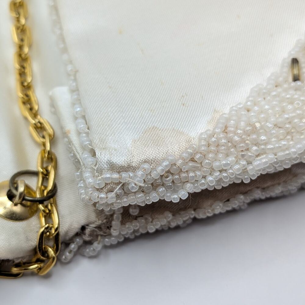 Vintage Tapestry Floral White Beaded Purse Shoulder Bag Adjustable Chain Strap - Picture 9 of 12